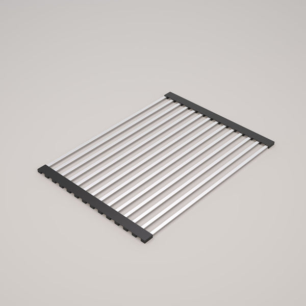 Caroma Urbane II stainless steel rectangular roll out mat with black end rails, angled on a neutral background