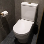 Caroma Luna round cistern flush button in brushed brass, shown on a white toilet in a tiled bathroom.