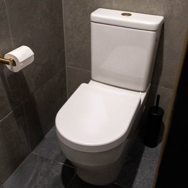 Caroma Luna round cistern flush button in brushed brass, shown on a white toilet in a tiled bathroom.