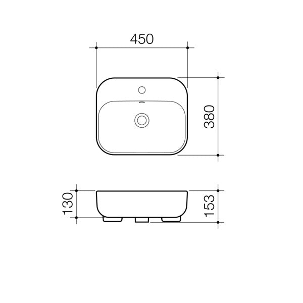 Caroma Luna semi recessed basin technical drawing, white rectangular ceramic basin with one taphole, 450 x 380mm dimensions.