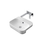 Caroma Luna white semi recessed basin with rectangular bowl and chrome mixer tap, angled product view