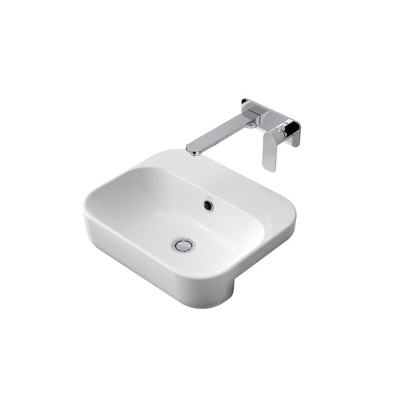Caroma Luna white semi recessed basin with rectangular bowl and chrome mixer tap, angled product view