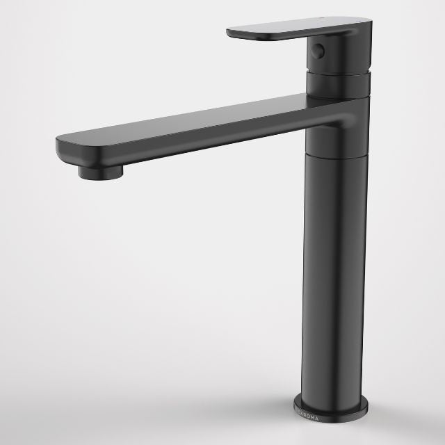 Caroma Luna black sink mixer, modern hob-mounted tap with slim rectangular spout and cylindrical body on white background