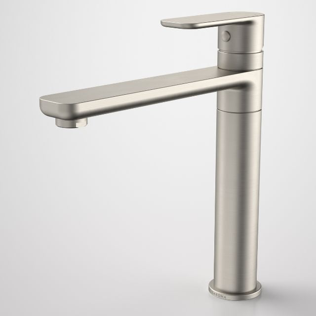 Caroma Luna sink mixer in brushed nickel, slim hob-mounted tap with flat spout and lever handle on white background