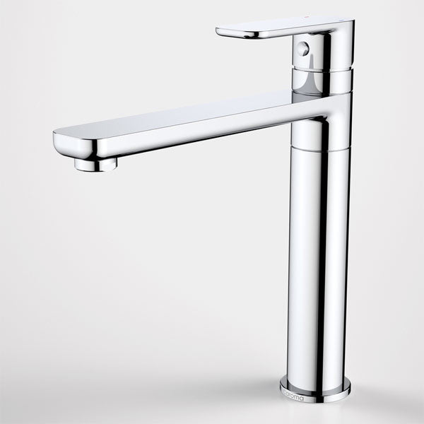 Caroma Luna chrome sink mixer with swivel spout and single lever handle, shown on a white background