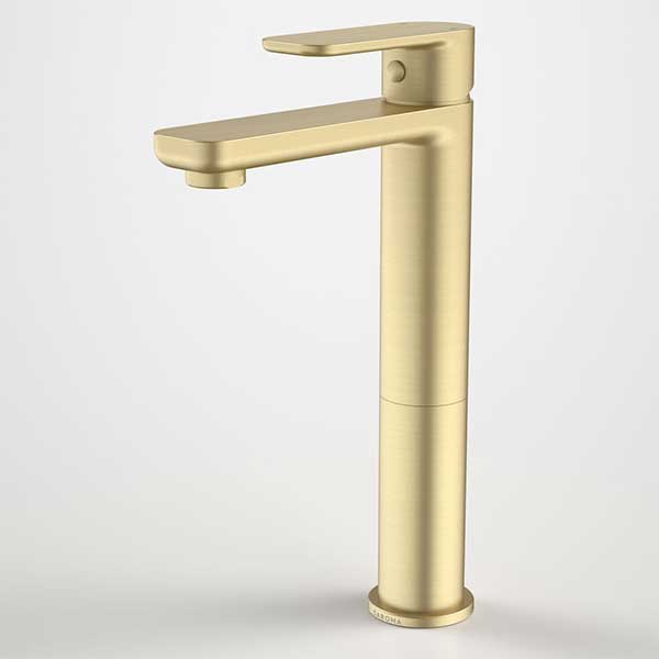 Caroma Luna tower basin mixer in brushed brass, tall single lever tap on white background