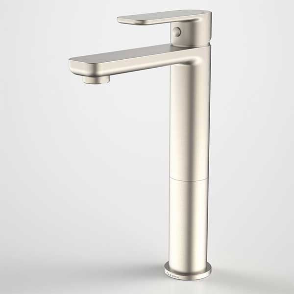 Caroma Luna tower basin mixer in brushed nickel, tall hob-mounted tap with paddle handle and curved spout