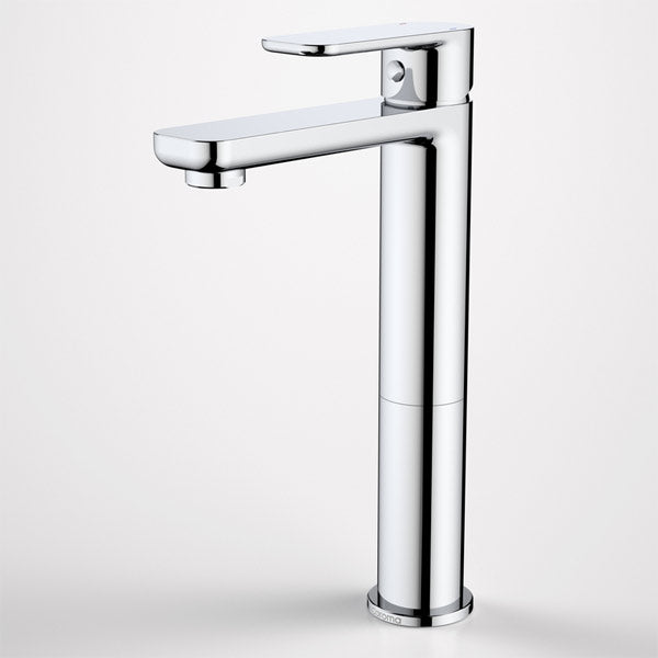 Caroma Luna tower basin mixer in chrome, tall cylindrical tap with paddle handle, side view on white background