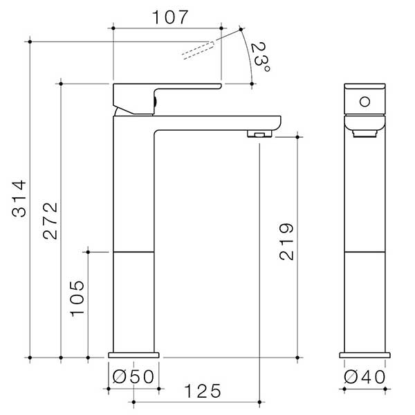 Technical drawing of Caroma Luna black tower basin mixer, showing side and front views with dimensions and 23° spout angle