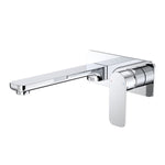 Caroma Luna chrome wall basin/bath mixer tap with long spout and paddle handle, wall-mounted on white background