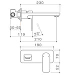 Caroma Luna wall basin/bath mixer technical drawing in black, side and top views with dimensions shown