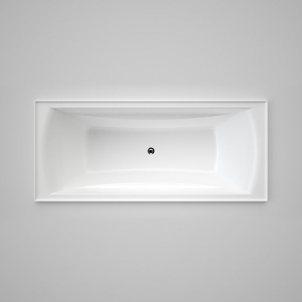 Caroma Maxton white rectangular acrylic bath, top view, with tile flange and central waste hole