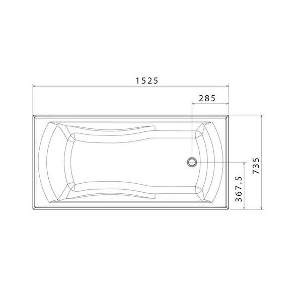 Technical drawing of Caroma Maxton white rectangular bath, 1525mm long, showing four tile flange and dimensions