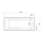 Caroma Maxton white rectangular built-in bath technical drawing, showing 1675mm dimensions and tile flange layout