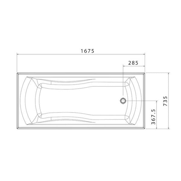 Caroma Maxton white rectangular built-in bath technical drawing, showing 1675mm dimensions and tile flange layout