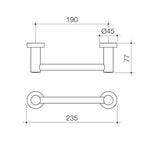 Caroma Cosmo chrome metal hand towel rail, technical drawing showing 235mm width and 77mm projection