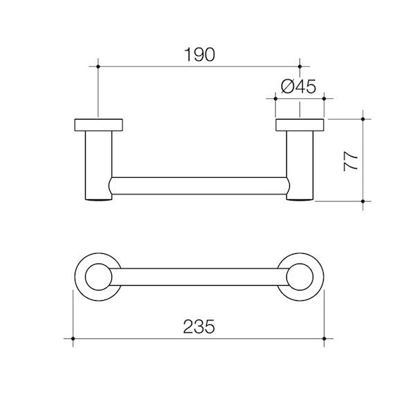 Caroma Cosmo chrome metal hand towel rail, technical drawing showing 235mm width and 77mm projection