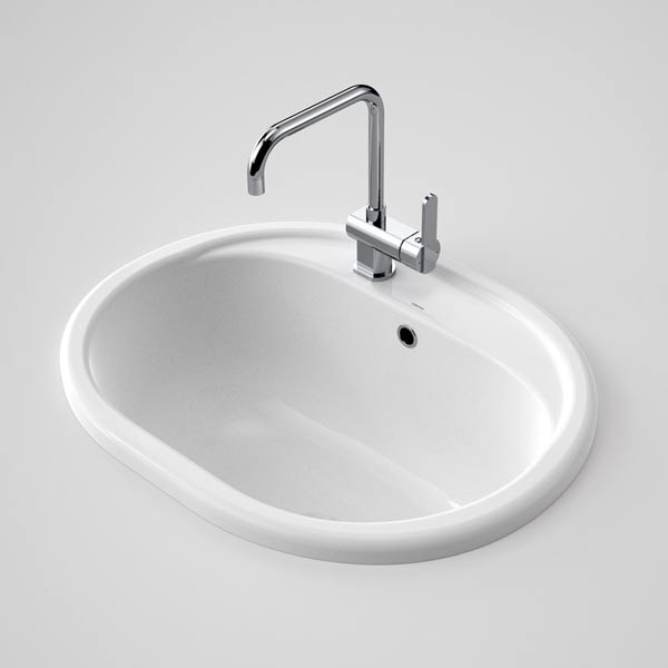 Caroma Metro 35 white ceramic laundry basin, oval low-profile sink with chrome mixer tap, top view