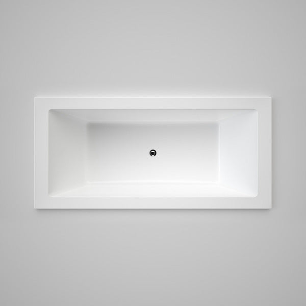 Caroma Newbury 1800mm white acrylic island bath, rectangular top view with centre waste