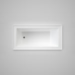 Caroma Newbury white rectangular built-in bath, top view with tile flange and waste opening