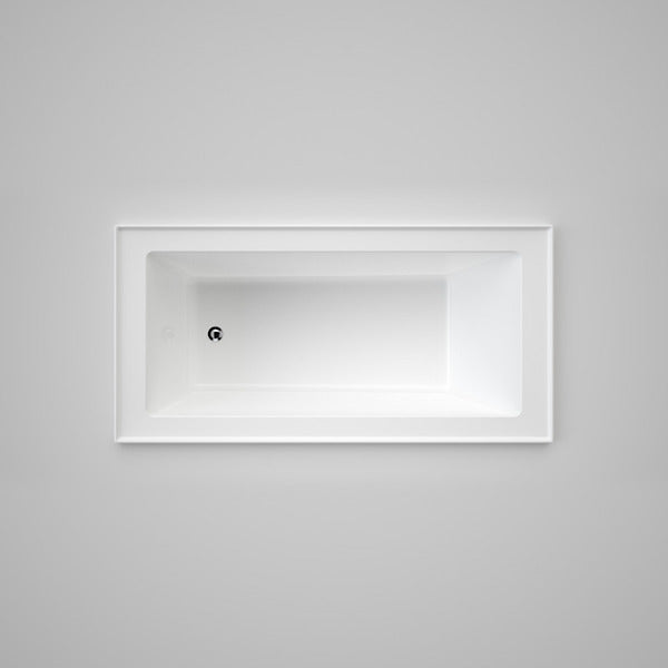 Caroma Newbury white rectangular built-in bath, top view with tile flange and waste opening