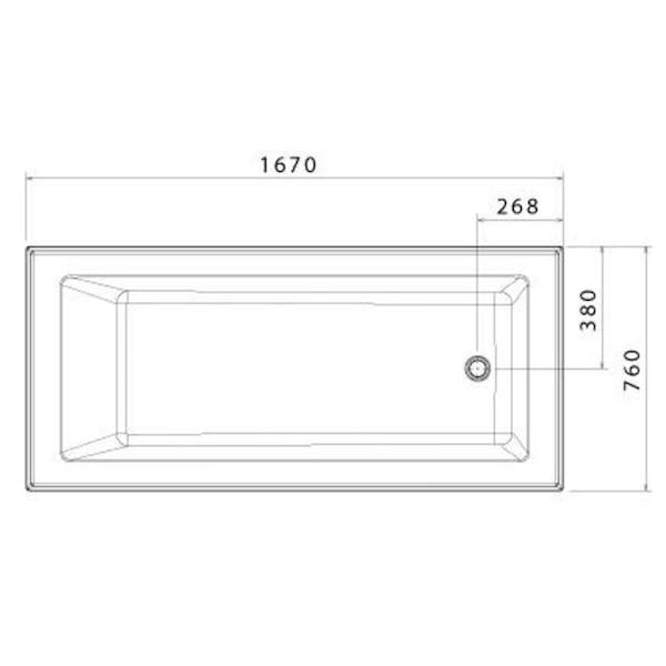Caroma Newbury built-in bath, top technical drawing with dimensions, rectangular white acrylic bath and tile flange side detail