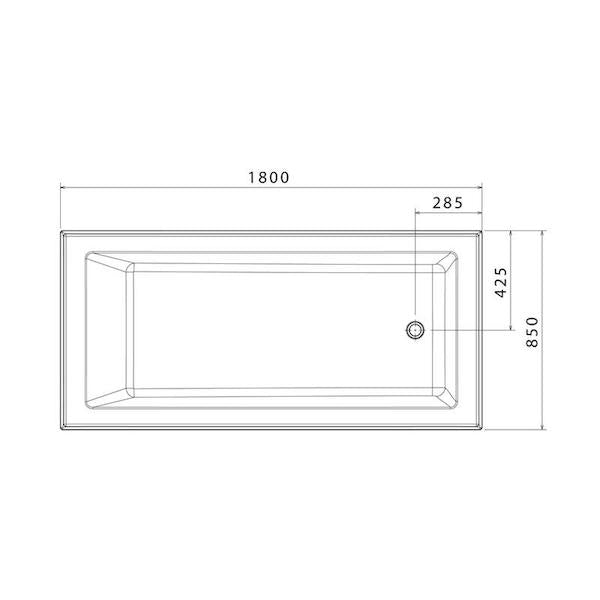 Caroma Newbury built-in bath technical drawing, rectangular white acrylic, top view with 1800mm dimensions and waste position