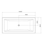 Caroma Newbury 1800mm island bath technical drawing, white rectangular bath with centre waste and dimensions shown