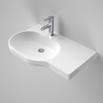 Caroma Opal wall-hung oval basin in white, with left-hand shelf and chrome mixer tap throughout.