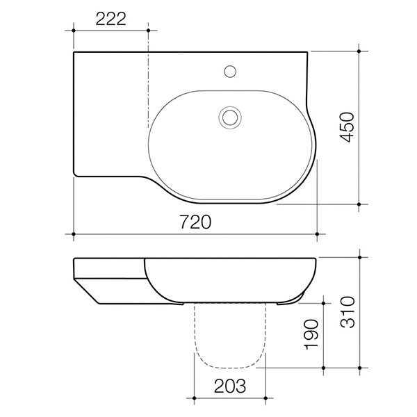 Caroma Opal 720 wall basin technical drawing, left hand shelf, oval white ceramic basin with dimensions and side view