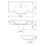 Caroma Opal 900 wall-hung basin technical drawing, white ceramic, one taphole, showing front and side dimensions