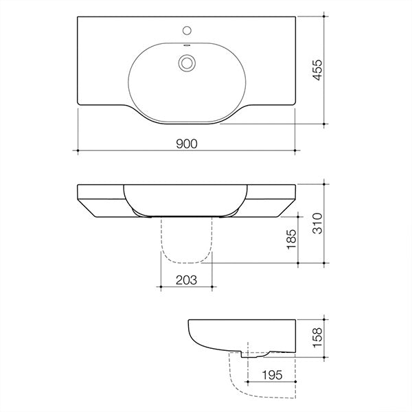 Caroma Opal 900 wall-hung basin technical drawing, white ceramic, one taphole, showing front and side dimensions