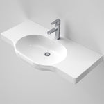 Caroma Opal 900 white wall-hung ceramic basin with twin flat shelves and oval bowl, shown with chrome mixer tap
