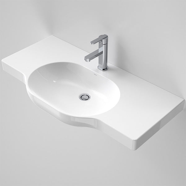 Caroma Opal 900 white wall-hung ceramic basin with twin flat shelves and oval bowl, shown with chrome mixer tap