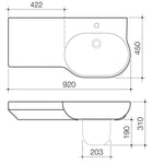 Caroma Opal 920mm wall hung basin technical drawing, gloss white oval basin with left-hand shelf and one taphole