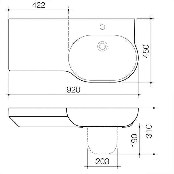 Caroma Opal 920mm wall hung basin technical drawing, gloss white oval basin with left-hand shelf and one taphole