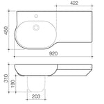 Caroma Opal 920mm wall-hung basin technical drawing, gloss white oval ceramic basin with left shelf and 1 tap hole