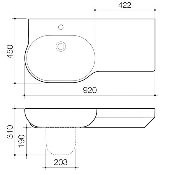 Caroma Opal 920mm wall-hung basin technical drawing, gloss white oval ceramic basin with left shelf and 1 tap hole