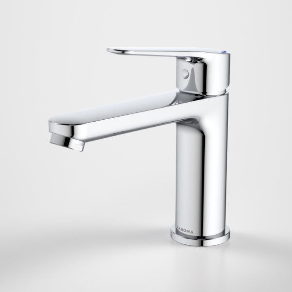 Caroma Opal chrome basin mixer tap with single lever and tall cylindrical body, shown on white background