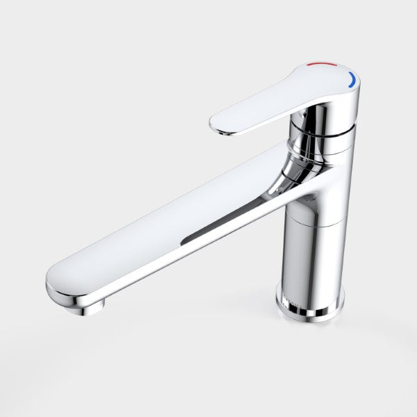 Caroma Opal chrome sink mixer tap with long lever handle and hot/cold indicators, on white background