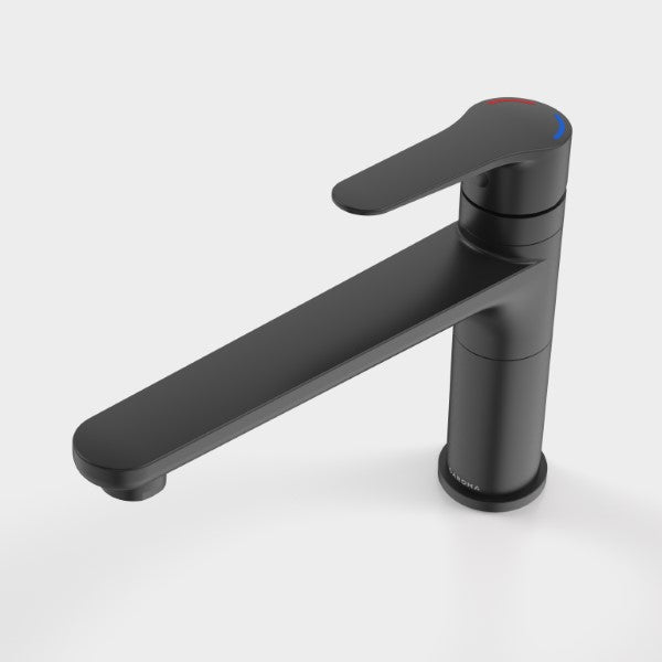 Caroma Opal sink mixer tap in matte black, with long flat spout and lever handle, shown on white background