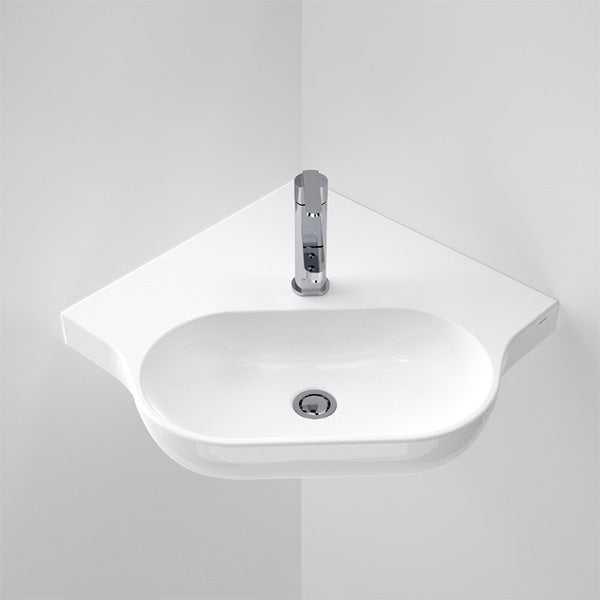 Caroma Opal Sole corner wall basin in white, wall-hung oval basin with single tap hole and chrome waste
