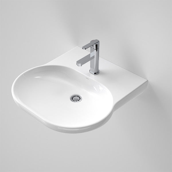 Caroma Opal Sole wall basin 550mm, gloss white oval ceramic basin with tap landing and mixer tap shown