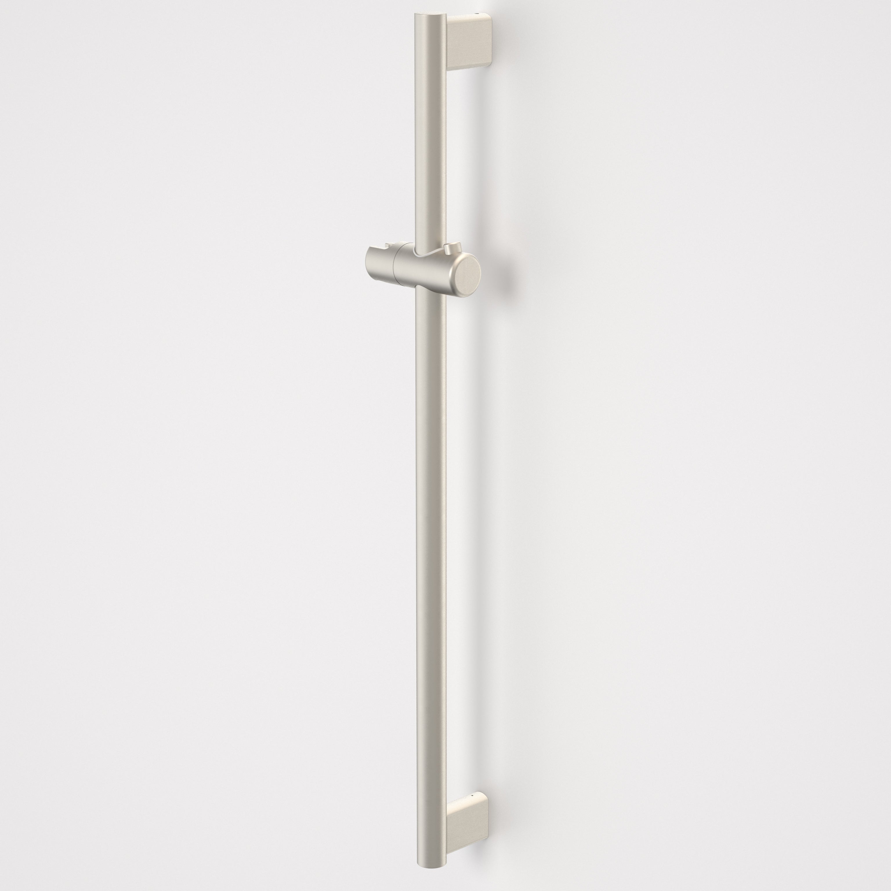 Caroma Opal straight shower support rail, 900mm, brushed nickel, with slider on a white background