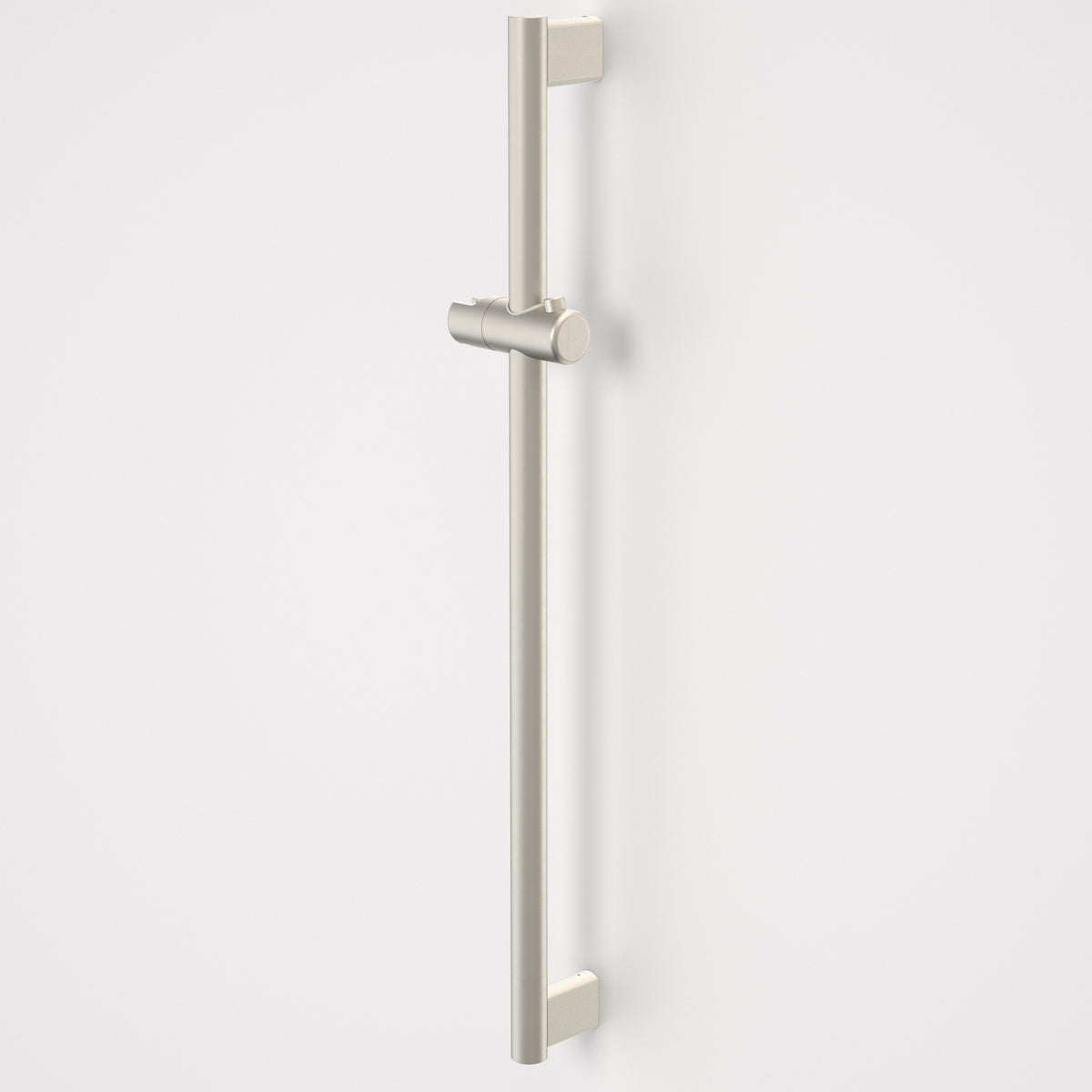 Caroma Opal straight shower support rail, 900mm, brushed nickel, with slider on a white background