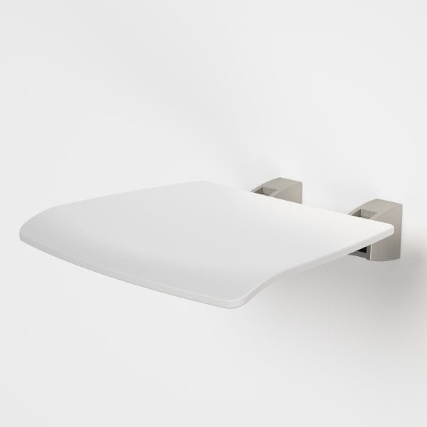 Caroma Opal folding shower seat, brushed nickel supports with white seat, wall-mounted bathroom accessory in side view