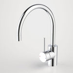 Caroma chrome gooseneck sink mixer with pin lever handle, shown on white background in front view