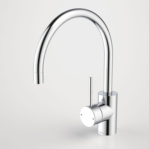 Caroma chrome gooseneck sink mixer with pin lever handle, shown on white background in front view