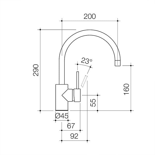 Caroma Pin Lever Sink Mixer gooseneck technical drawing in chrome, showing side view with dimensions and swivel angle markings