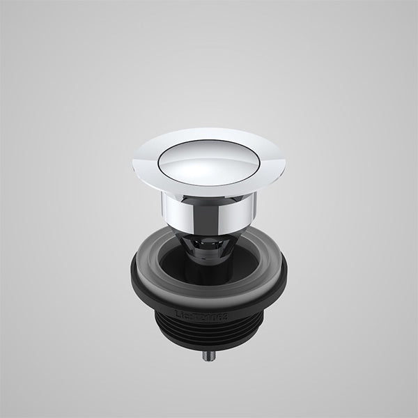 Caroma chrome basin pop-up plug and waste, round 40mm basin waste, front view on grey background